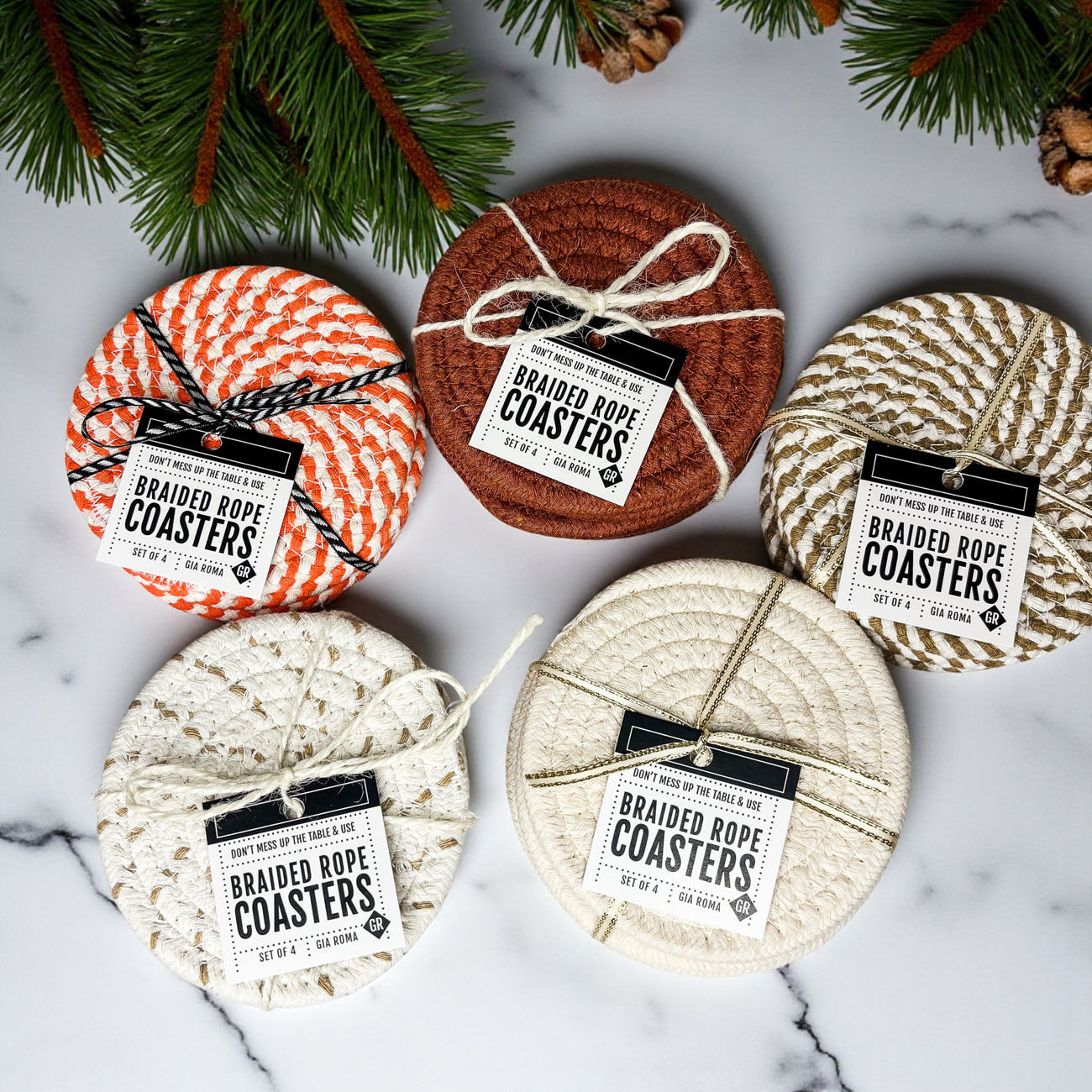 rustic braided coasters for farmhouse or boho fall decor gift set
holiday drink coaster set with braided rope ready to gift with tag